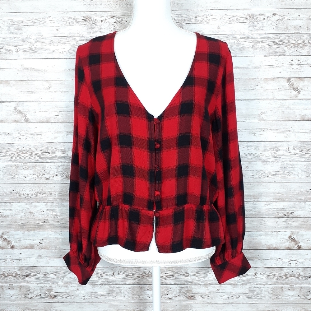 Sanctuary Peplum Top M Red Black Plaid 924 - Picture 2 of 6